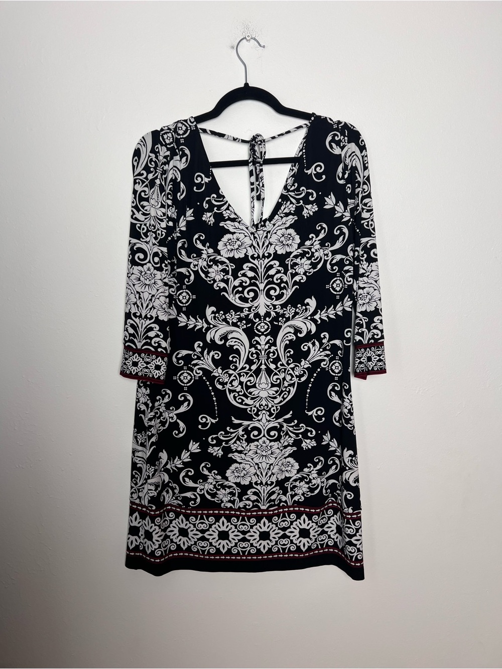 White House Black Market L Black White Scroll Print Cowl Neck Sheath Dress - Picture 8 of 10